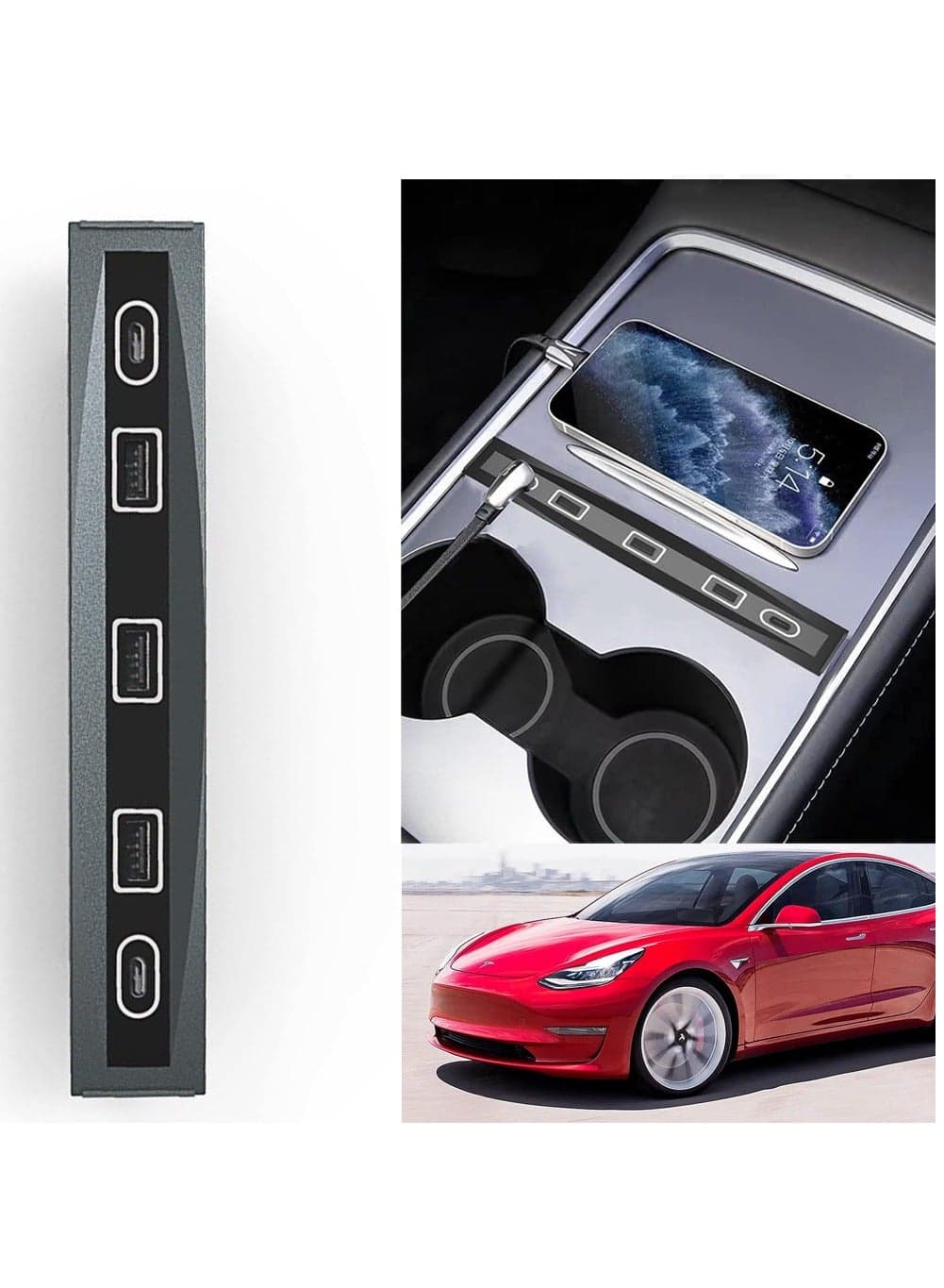 Tesla Model Y 4-in-1 USB LED Hub Docking Station with Smart Sensor for Center Console - Compatible Accessories for Enhanced Functionality