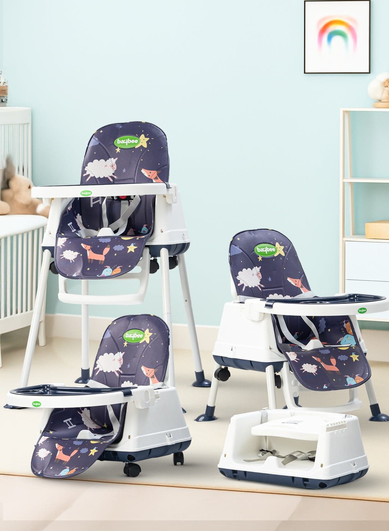 4 In 1 Nuvella Convertible Baby High Chair For Kids With Adjustable Height And Footrest Baby Chair Toddler Feeding Chair Booster Seat With Food Tray, Wheels & Safety Belt Kids High Chair For Baby Toddlers 6 Months To 4 Years Navy Blue