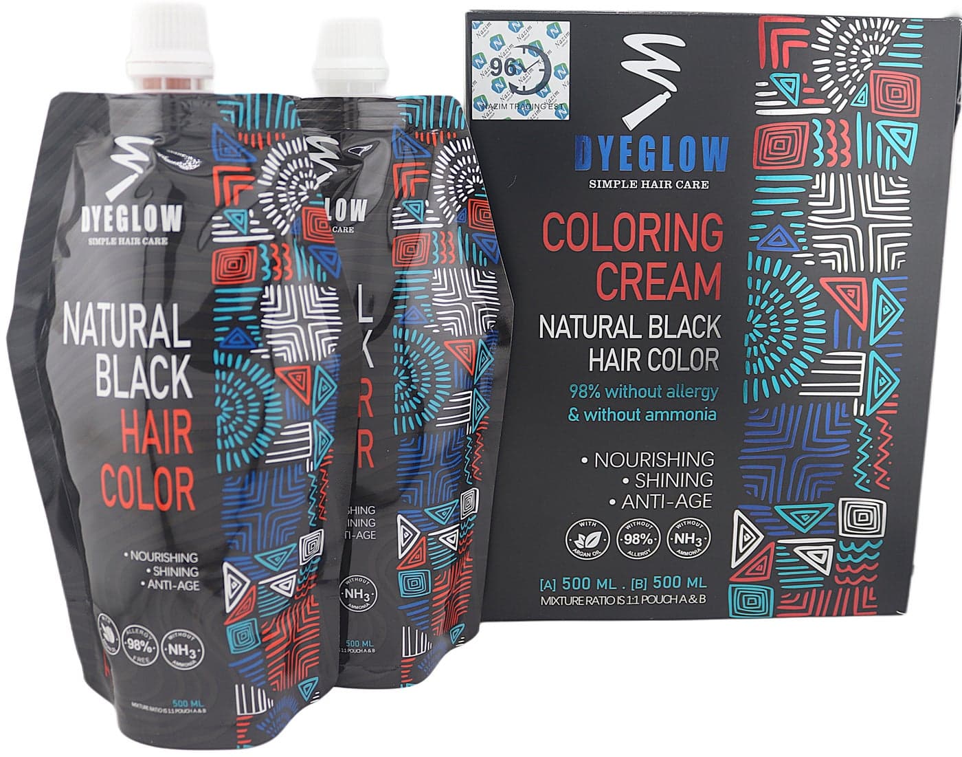 DYEGLOW Natural Black Hair Color, Coloring Cream, Nourishing, Shining, Anti-Age, Ammonia-Free, 98% Without Allergy, 500*2 ML