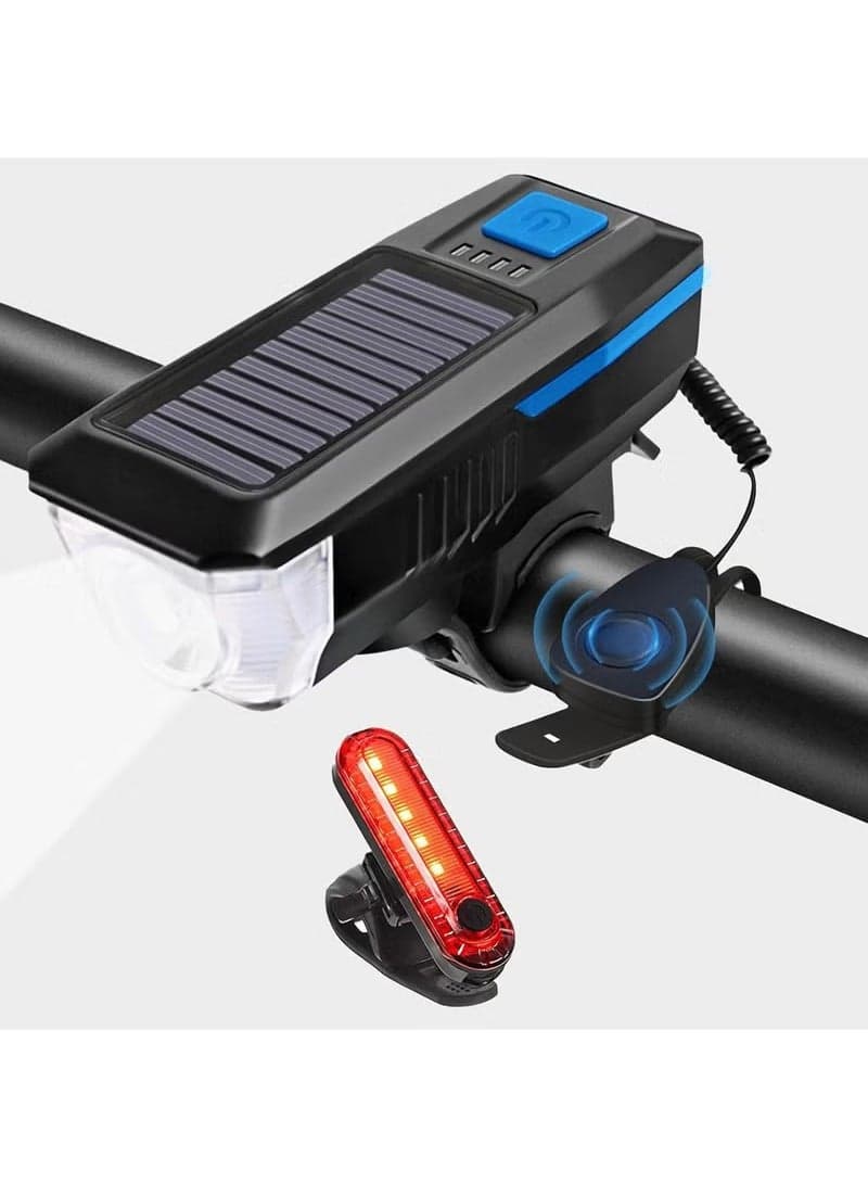 Solar Bicycle Front Light Rechargeable Lamp Bike Horn Light Bicycle Lantern Headlight Cycling Flashlight Bicycle Accessories