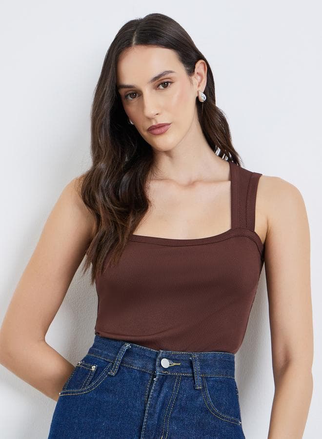 Women Brown Sleeveless Square Neck Bodysuit