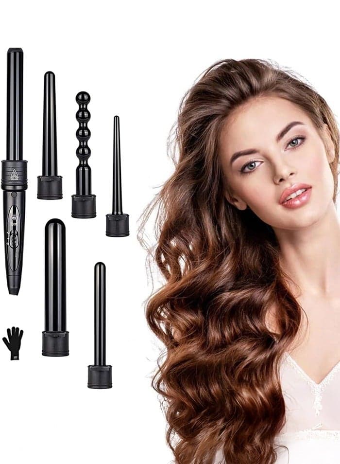 6 IN 1 Hair Curler Set,Hair Curling Iron,Curing Wand Set,Instant Heat Up Hair Curler, Long Barrel Curling Iron Wand, Interchangeable Hair Wand Curler for Long/Medium Hair,Black