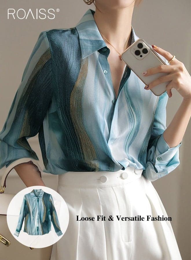 Women Printed Shirt Loose Fit with Gradient Color Design Fashionable and Versatile Women Stand Collar Business Casual Shirt Button Front with Pockets Comfortable Soft Daily Wear for Ladies