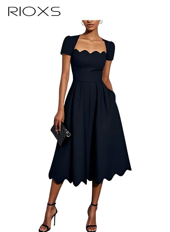 Women's Square Neck A-line Dress, Summer Short Sleeve Midi Dresses with Pockets and Zipper, Fashion Ladies' Scalloped Edge Casual Dress, Versatile Dresses for Party, Dating, Daily Casual Wearing, Formal Occasion, Working and Vacation