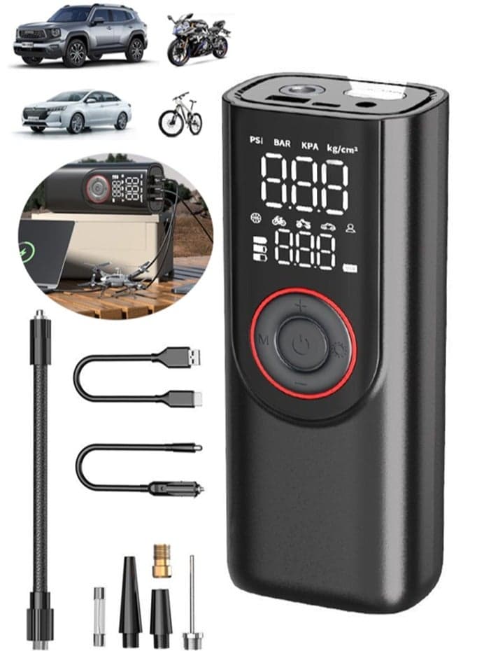Digital Car Tyre Inflator Air Compressor, 19mm Cylinder Portable Electric Tire Inflator With 6000mAh Battery Power Bank/LCD Dual Screen/LED Light/Auto Stop/Preset Tyre Pressure, 150 PSI Fast Inflation Cordless Air Pump for Car Motorcycle Bicycle Ball Air Mattress Other Inflatables