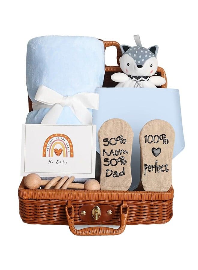 Baby Gift Basket, Newborn Gift Set with Baby Rattle, Newborn Baby Gift Set, Newborn Baby Gifts, Medium Baby Gift Basket Kit for Expecting Moms(BLUE)