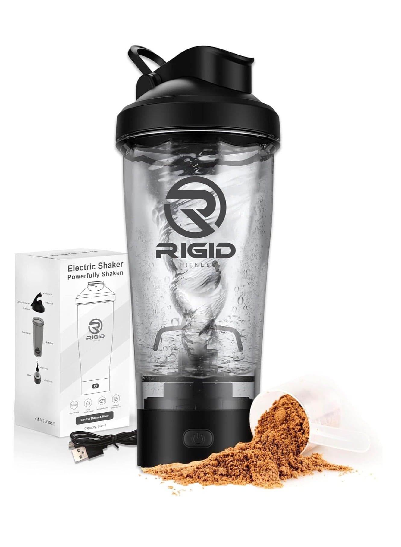 Electric Protein Shaker Bottle, 100% Leakproof - USB Rechargeable, Wish Made of Safe Material - BPA Free - 650ml (Black)