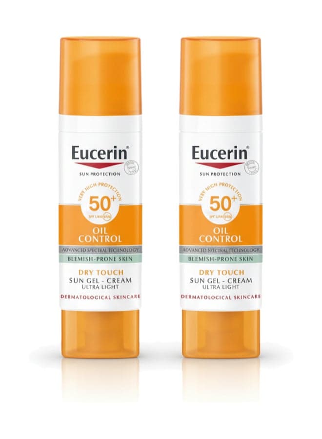 Pack Of 2 Oil Control Sun Gel-Cream Dry Touch SPF 50+ 50ml, Unscented Sun Protection Gel for Sensitive, Oily and Acne-Prone Skin, Fast-Absorbing Sunscreen with UV Filter 50ml