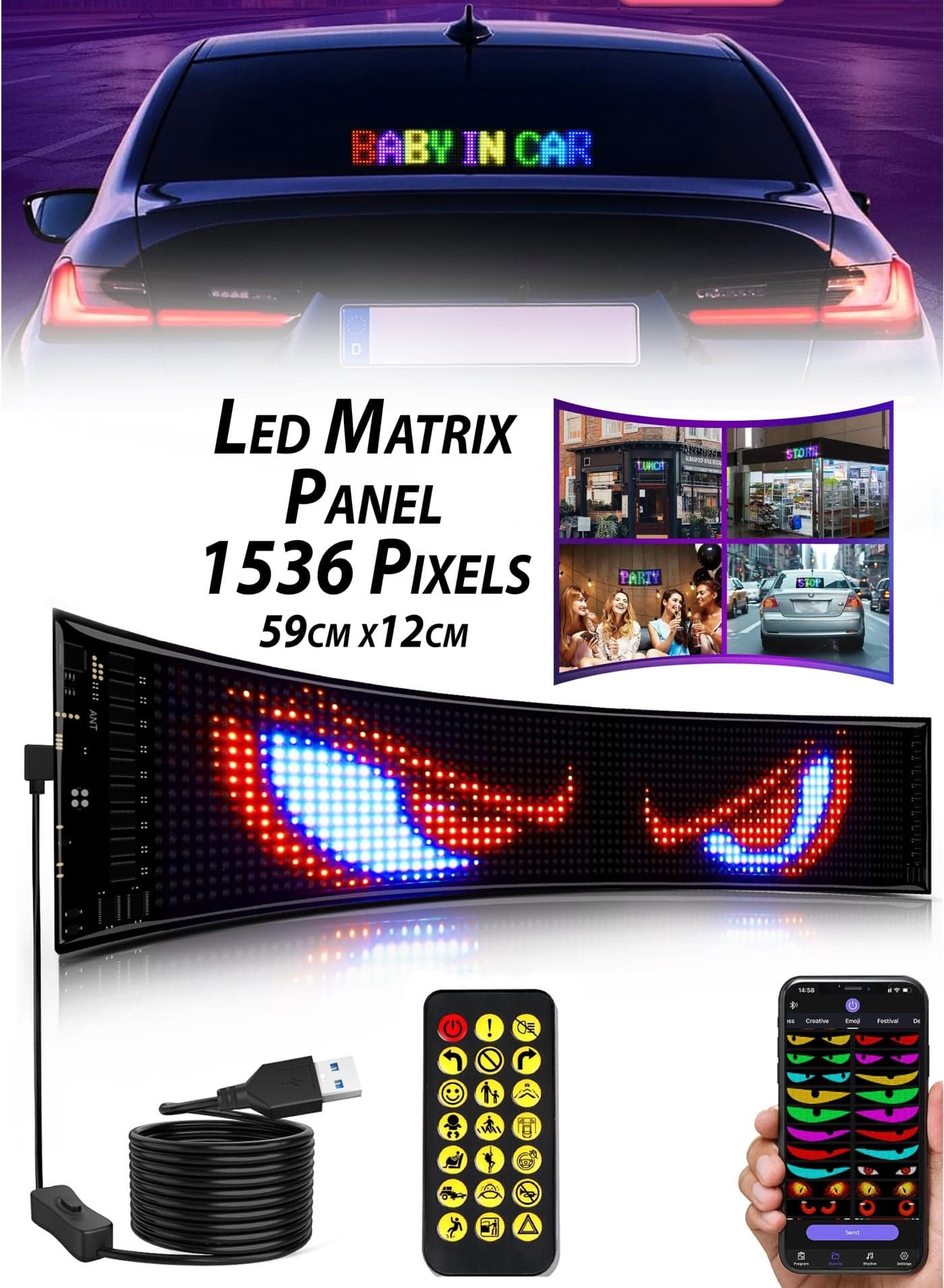 LED Advertising Large Flexible RGB Full Color Programmable Digital Sign Super Bright Bluetooth APP Control DIY Custom LED for Car, Truck, Store Business Advertising, Dining, Hotel, Restaurant, Bar, Coffee Shop, Party, Home, Office, Festival Matrix Panel Board Custom Text Pattern Animation Scrolling Display Devil Eyes Light Smart Screen Sign Panel with 1536 LEDs