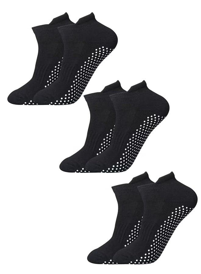 3 Pairs Pilates Yoga Socks - Thickened Towel Bottom Non-Slip Floor Socks for Early Education, Trampoline, Ballet, Dance, Barefoot Workout - Skid Sticky for Men Women (Black)