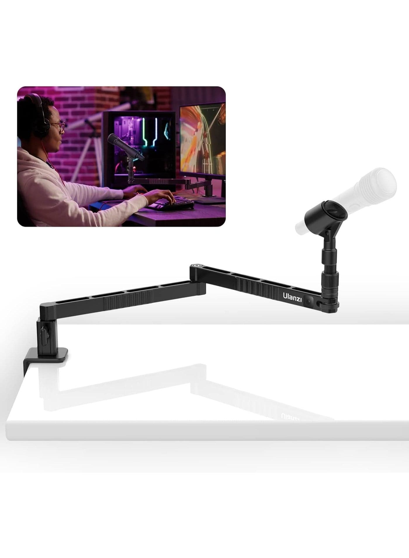 ULANZI LS26 Low Profile Mic Arm, Aluminum Mic Arm Desk Mount, 360° Rotatable Foldable Microphone Low Arm for Podcast/Streaming/Gaming/Radio Studio w Mic Clip 1/4" 3/8" 5/8" Screw for Most Mics