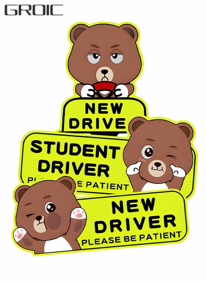 3 Pcs Reflective New Driver Stickers for Car, Student Driver Car Magnet, New Driver Stickers Signs Please Be Patient Safety Signs Cute Bear Style