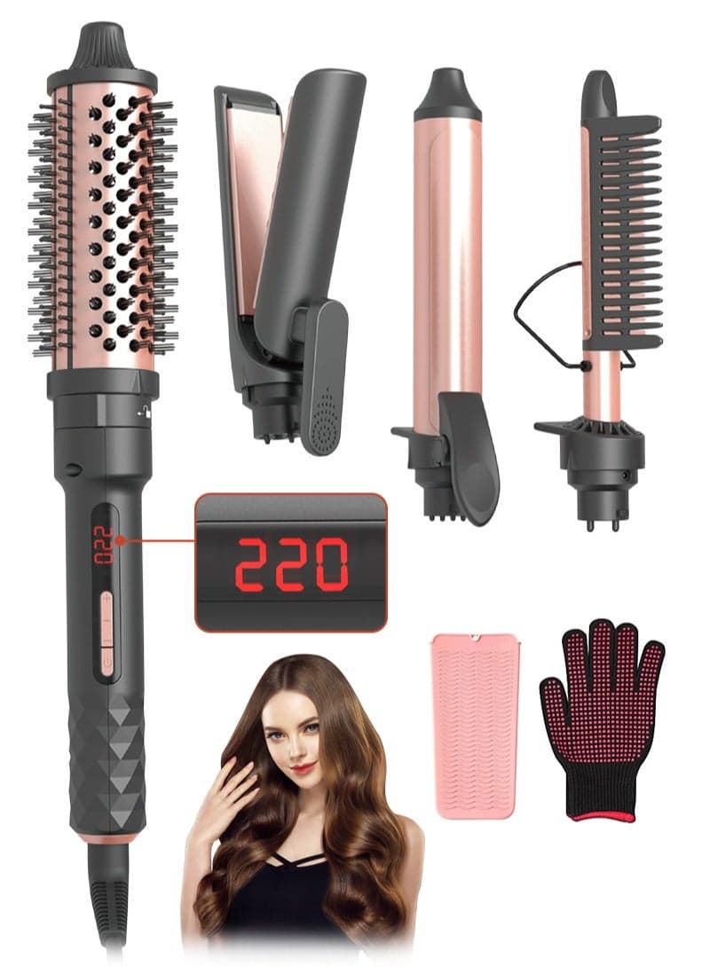 4 IN 1 Curling Iron Set, Curling Wand Set with Hair Straightener and 3 Interchangeable Ceramic Thermal Brush (32-38mm), 10s Fast Instant Heat Up Hair Curling Iron Can Straight and Curly (120°C-220°C)