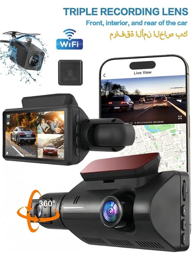 3 Channel Dash Cam, 1080P Dual Dash Camera for Cars Built-in WiFi GPS, Front, Rear & Cabin, 3" IPS Screen with APP Control Night Vision 24 Hours Parking Monitor, WDR, IR Night Vision, Parking Mode