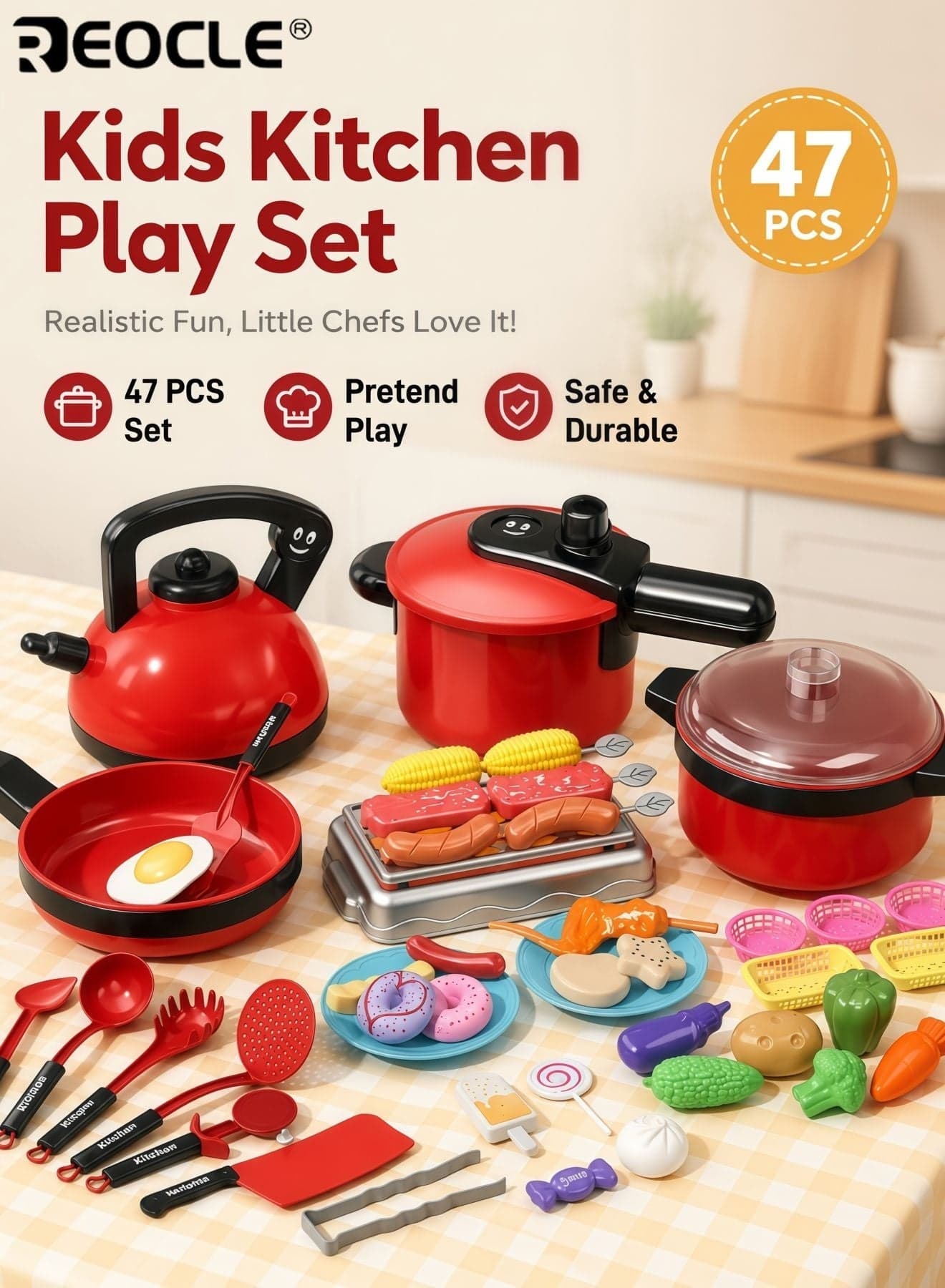 47pcs Children's Simulated Cooking Toys Role-Playing Kid's Toys Kitchen Game Early Education Enhance Learning and lmagination Durable Plastic Material Birthday Gifts for Boys sand Girls