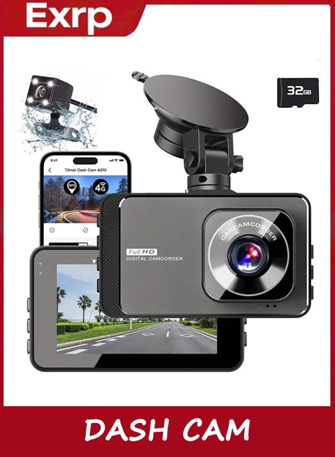 Dash Cam, 4K Ultra HD Front Camera+2K Rear Cameras, 5G WiFi - Fastest Download speeds app, Support iOS Android,WDR Night Vision, Car Camera with 3" IPS Screen 32GB Card,24H Parking Mode