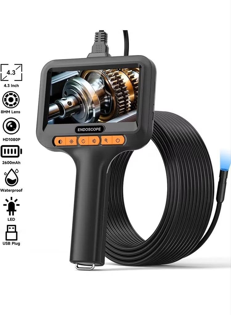 Industrial HD 1080P Endoscope Borescope Inspection Camera with 4.3” IPS Screen – 8mm IP68 Waterproof Snake Camera | 8 Adjustable LED Lights, Rigid Probe Cable 2M–100M | 2600mAh Rechargeable Battery | Automotive Pipe, Sewer, Wall, and Machinery Inspection Tool