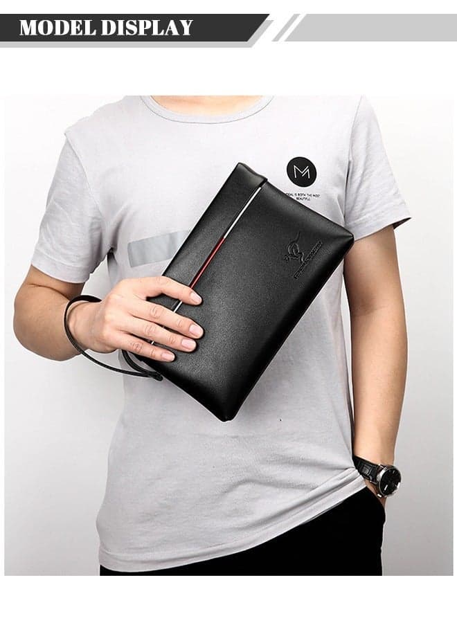 Mens Super Slim Anti Theft Clutch Bag PU Textured Soft Leather Minimalist Large Wallet with Wristband Zipper Checkbook Card Case Business Gift for Men Black