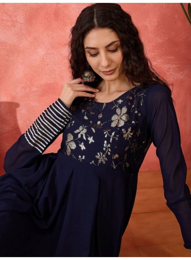 Navy Blue Embroidered Flared Maxi