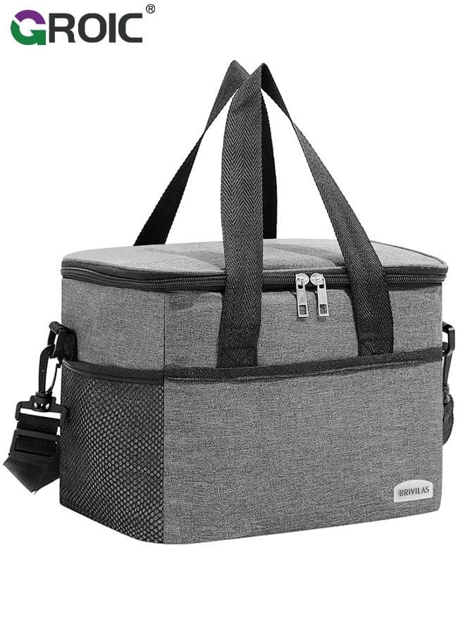 22L Portable Picnic Basket, Grey Insulated Cooler Bag, Large Capacity Lunch Bag Waterproof Lunch Bag for Office Work School Picnic Beach Gym combination Grey 33x25x27cm