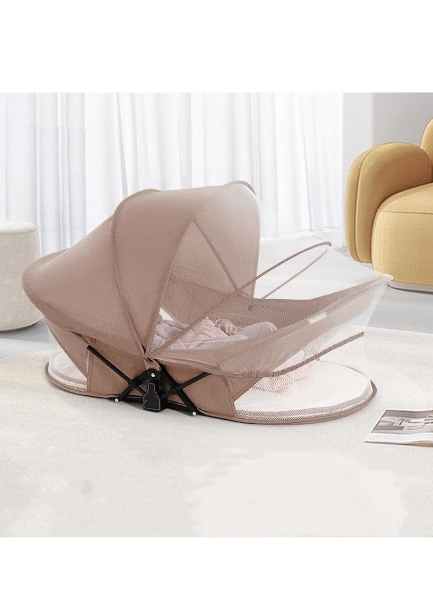 Foldable Baby Bassinet, Portable Travel Crib Bed for Newborn, Infants Mobile Sleeping Bed with Mosquito Net and Awning and Storage Bag