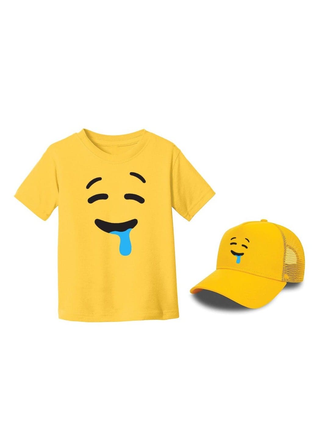 Kids Yellow Smiley Face Pack Of 2 T-Shirt And Cap Combo–Unisex Round Neck Short Sleeve Cotton T-Shirt