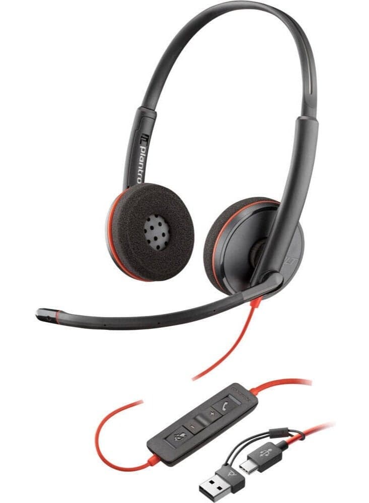 Blackwire 3220 Stereo USB-C Headset, Noise-Canceling Mic, USB-C & USB-A Adapter, PC & Mobile Compatible, Wideband Audio, Inline Controls, Lightweight Metal Headband, Leatherette Ear Cushions, Foldable, 119g, Black | 8X228AA