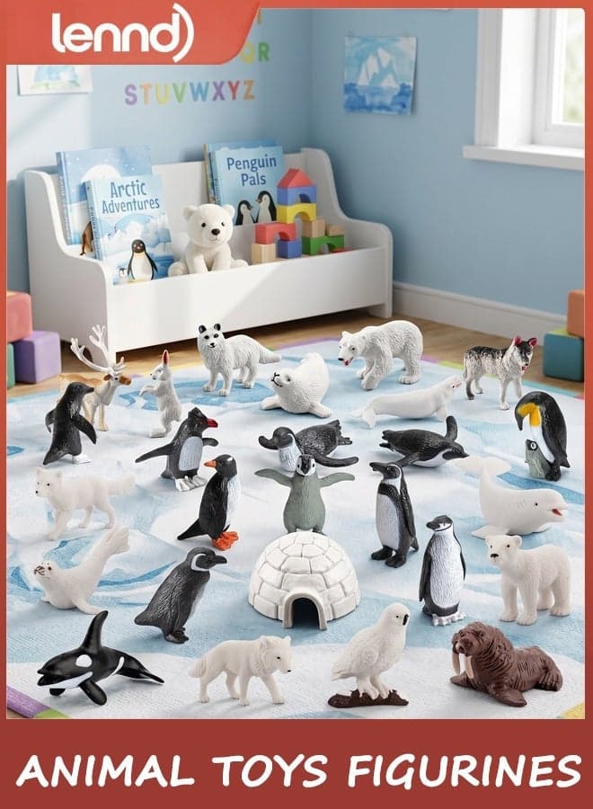 26Pcs Arctic Animal Figures - Polar Animal Toys Figurines with Penguins Arctic Fox Wolf Polar Bear Reindeer - Miniature Toys Cake Topper Christmas Birthday Gift for Kids & Toddlers