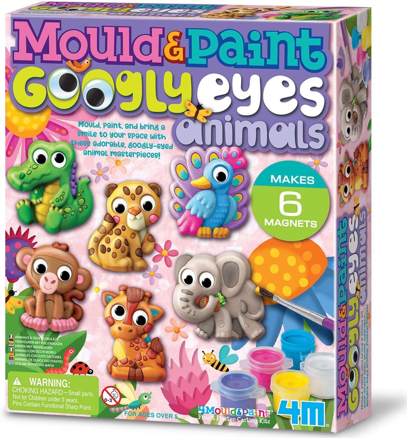 4M Mould & Paint Googly Eyes Animals, Arts and Crafts Kit to Create and Paint 6 Fridge Magnets or Badges, for Boys and Girls Ages 5-12 Years