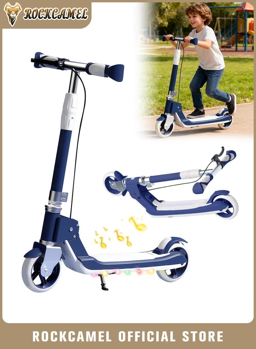 2-Wheel Kick Scooter, Foldable Lightweight Scooter with Music, LED Lighted Wheels and 5-Level Adjustable Height Handlebars, Dual Braking System, Push Scooter for kids 5-18 Years, Up to 100kg