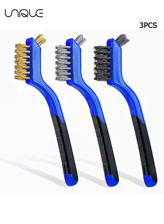3-Piece Wire Brush Set - Nylon/Brass/Stainless Steel Bristles with Curved Handle Grip for Rust, Dirt & Paint Scrubbing with Deep Cleaning – 7 Inches (Blue)