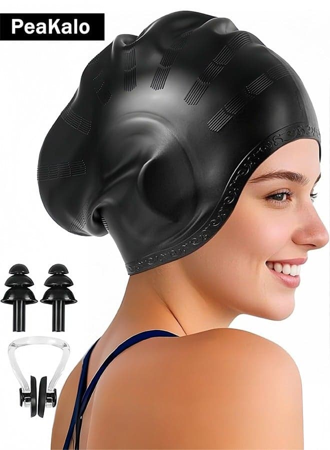 Enlarged Swim Caps , Men Women Silicone Swimming Caps with 3D Ear Protection, Waterproof Large Swim Hats Bathing Capto Keep Hair Dry with Ear Plugs Nose Clip