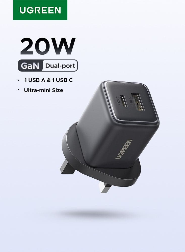 20W Charger USB Type C GaN Dual Ports 1C1A Fast Charging iPhone Charger Adapter Safe Charging And Portable Size Compatible With Samsung series, iPhone 16, 15 Series Tablet, Apple Watch, AirPods, DJI Pocket 20W 1A1C Black