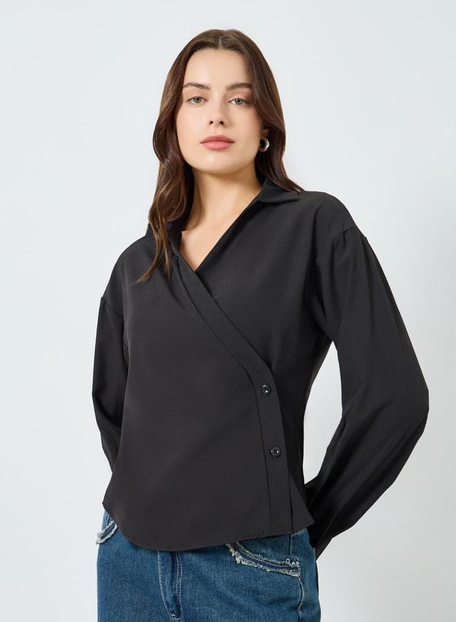 Women Black Asymmetrical Buttons Long Sleeve Shirt