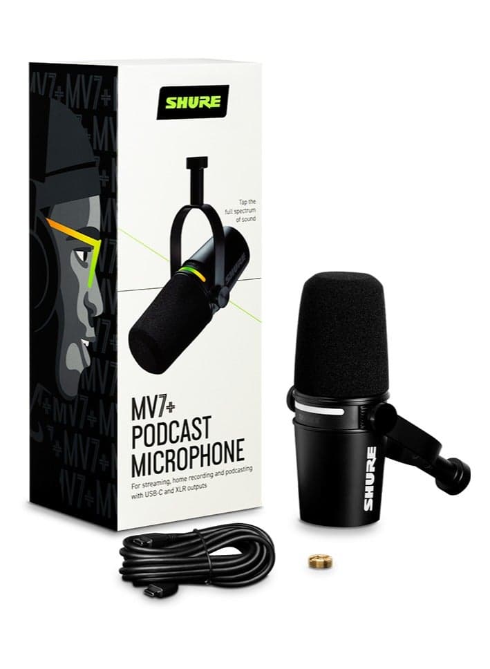 Shure MV7+ Podcast Microphone. Enhanced Audio, LED Touch Panel, USB-C & XLR Outputs, Auto Level Mode, Digital Pop Filter, Reverb Effects, Podcasting, Streaming, Recording - Black MV7+-K Black