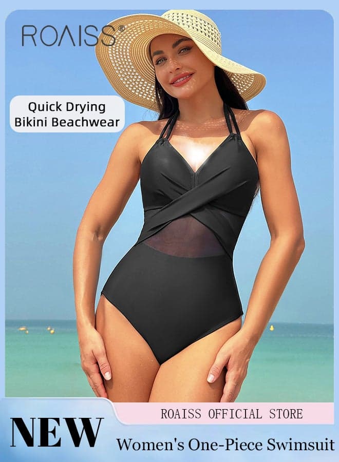 One-Piece Stretchy Halter Bikini Swimsuit for Women Solid Color Breathable V Neck Cross Bikini Swimming Suit Ladies Slim Fit Quick Drying Surf Beach Resort Hot Spring Swimwear Black