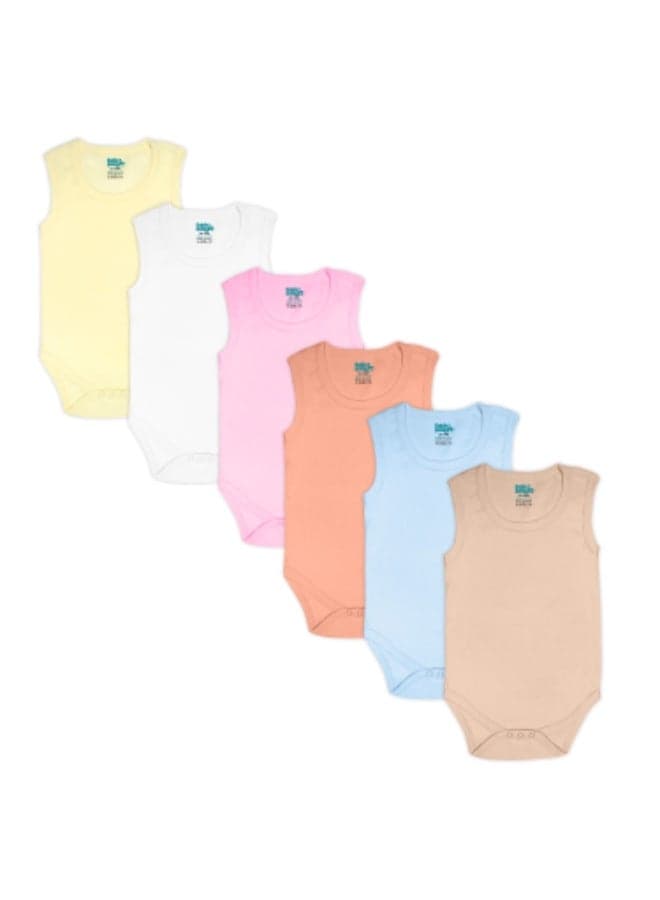 100% Super Combed Cotton, Sleeveless Romper/Bodysuit, For New Born To 24Months, Set Of 6 - Blue, Orange, Brown, Pink, Lemon, White