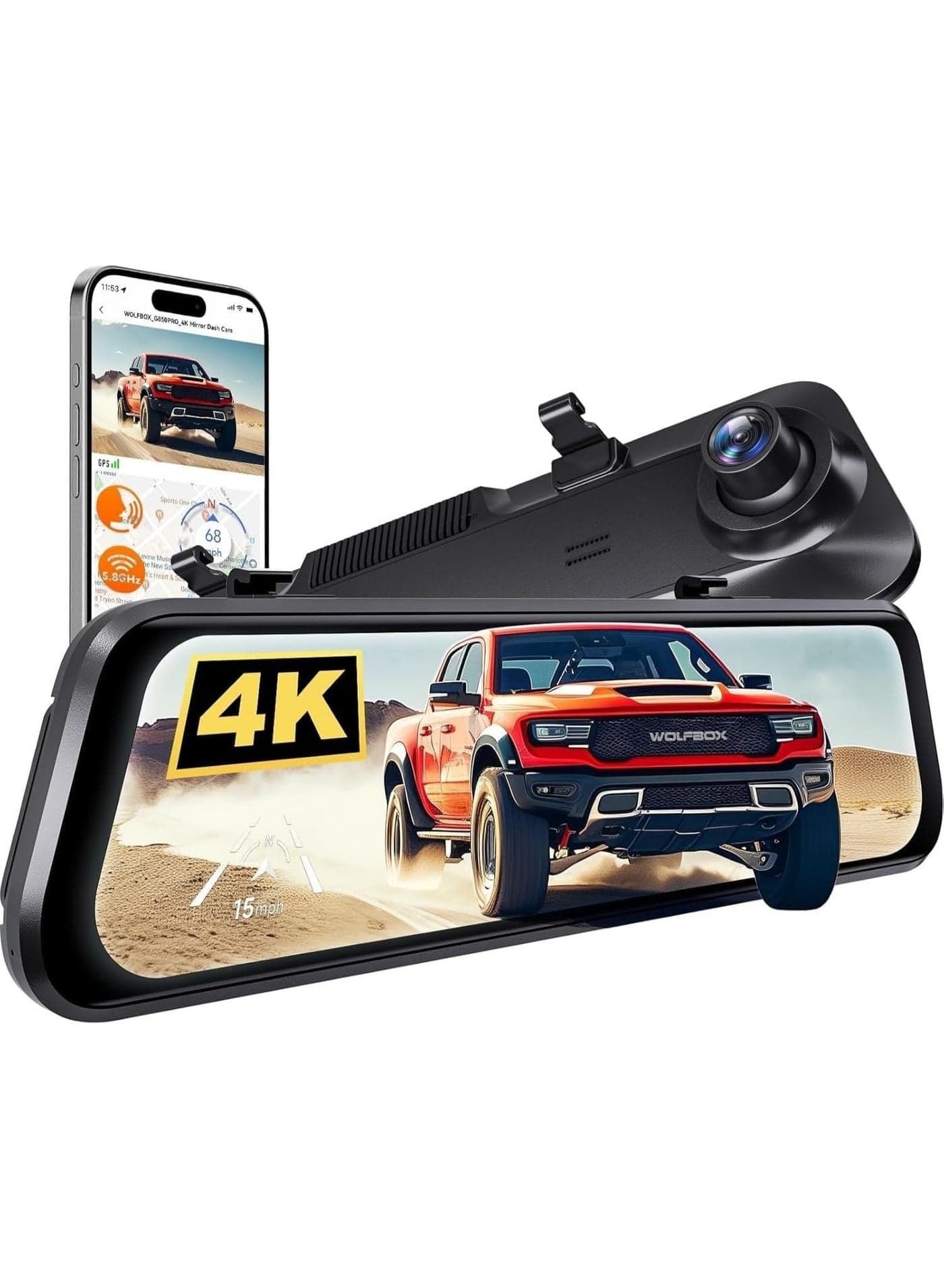 WOLFBOX G850 PRO 4K Rear View Mirror Dash Cam for Car Front and Rear with GPS, ADAS, BSD, 12" Touchscreen, 5.8GHz WiFi, Voice Control, G-Sensor, Loop Recording, 64GB Card Included