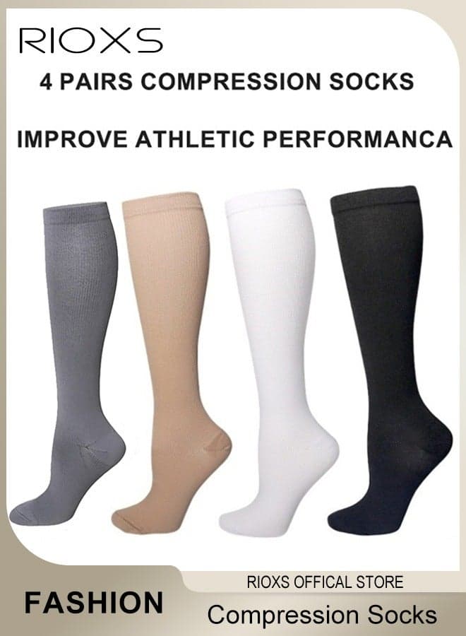 4 Pairs High Compression Socks, Solid Knee High Trouser Socks For Men And Women, Tall Boot Socks Support Circulation Recovery Athletic, Long Socks Fit Running Splints Flight Travel, Comfy Tights Socks