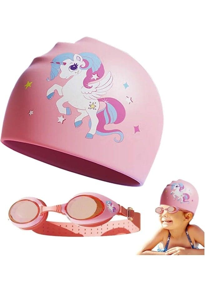 Kids Swim Cap With Swimming Goggles For Girls Boys(Age 6-14) Silicone Waterproof Swimming And Bathing Caps For Long And Short Hair Child Toddler Teens