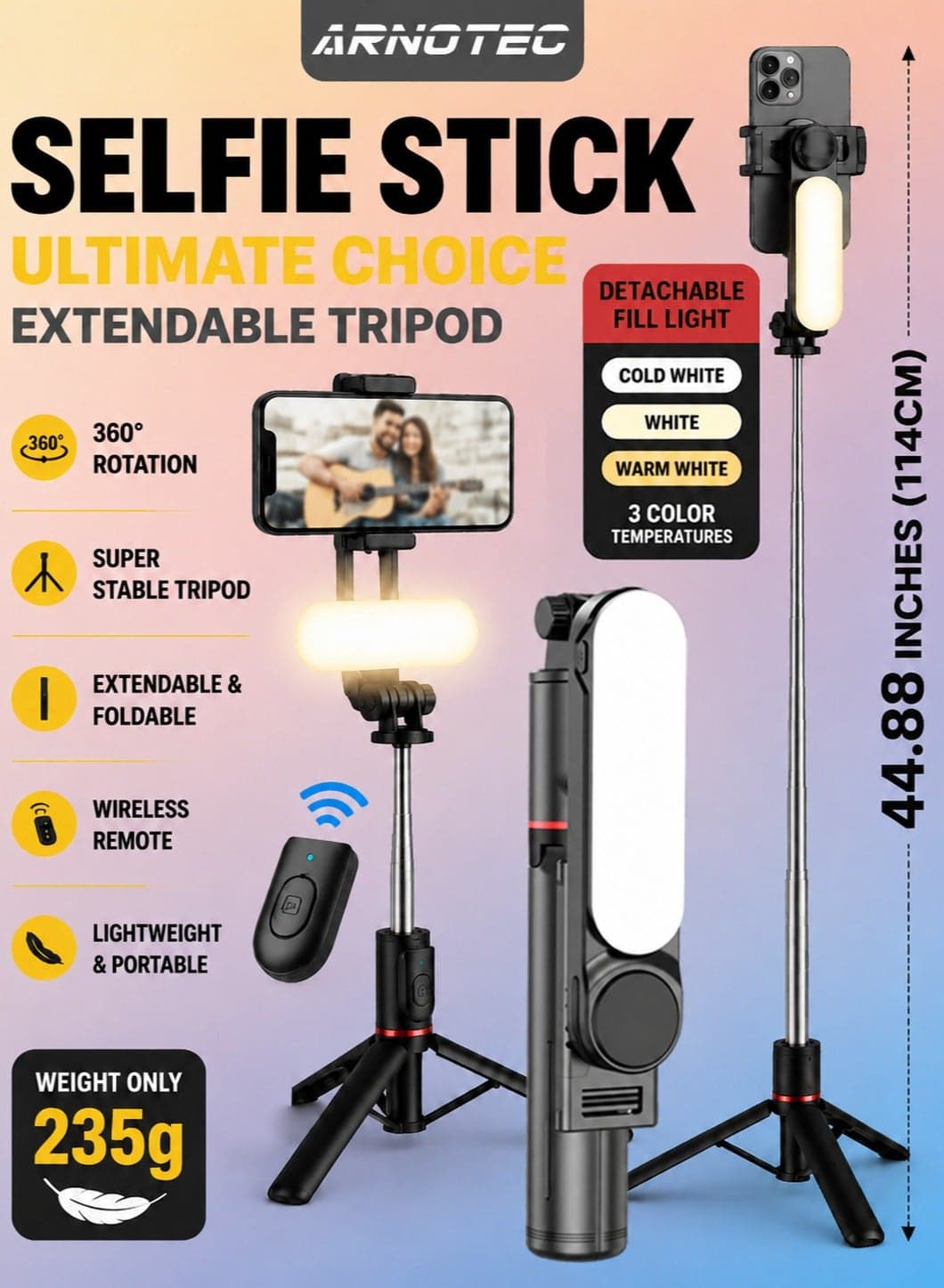44.88 inches(114cm) Selfie Stick Tripod, Extendable Tripod with Rechargeable Bluetooth Remote,Removable fill light, Compatible with iPhone and Android Smartphones, Perfect for Travel, Vlog, Video and Photo, Black