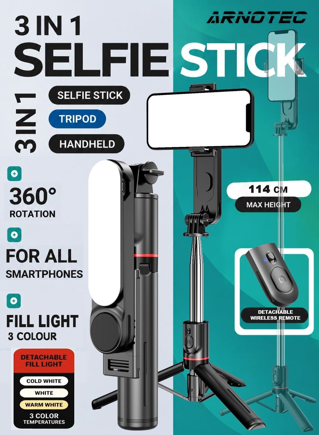 44.88 inches(114cm) Selfie Stick Tripod, Extendable Tripod with Rechargeable Bluetooth Remote,Removable fill light, Compatible with iPhone and Android Smartphones, Perfect for Travel, Vlog, Video and Photo, Black