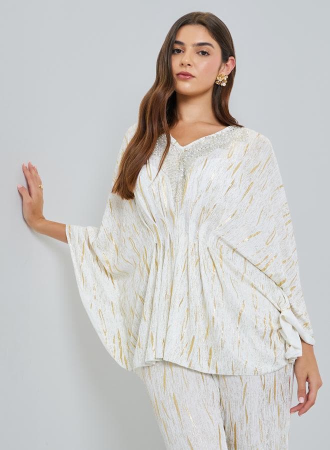Off-White Textured Kaftan Top with Foil Print