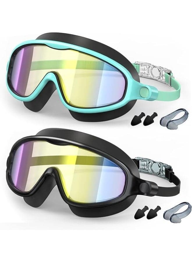 2 Pack Swim Goggles for Kids 3-15 Years Old, Wide View Anti-Fog & UV Protection, No-Leak Swimming Glasses