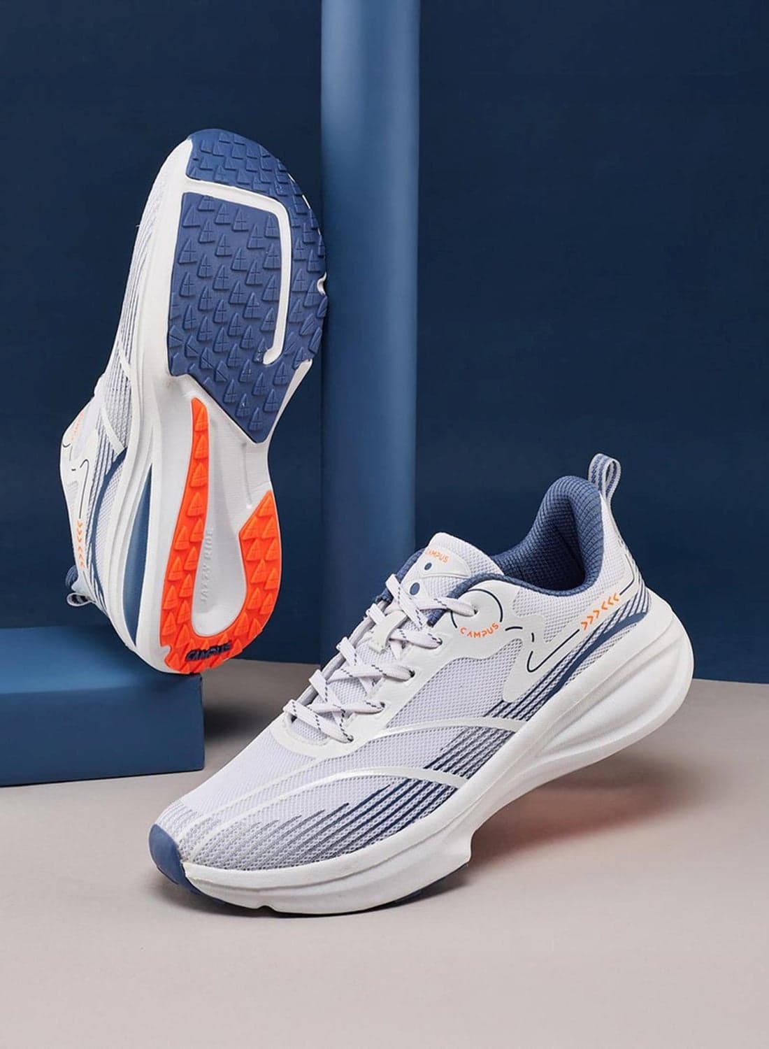 Men’s White & Blue Sneakers – Sleek Line Pattern Design Shoes with Modern Sporty Aesthetic