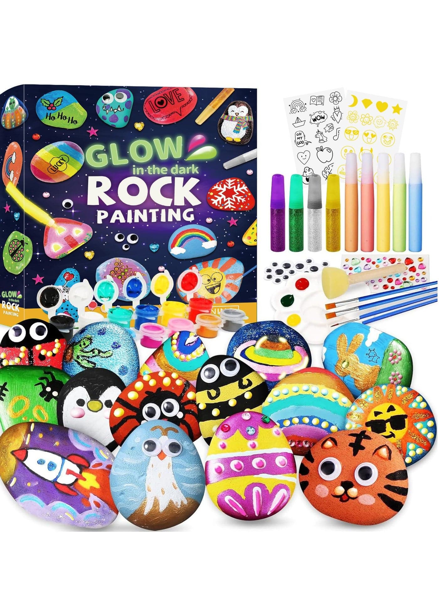 Rock Painting Kit for Kids Glow In The Dark Rock Set Arts and Crafts Toys Party Favor Gifts Toys Activities Art Kit with 12 Acrylic Paint 10 Rocks Stickers Gems DIY Supplies Birthday Gifts Toys for Girls and Boys