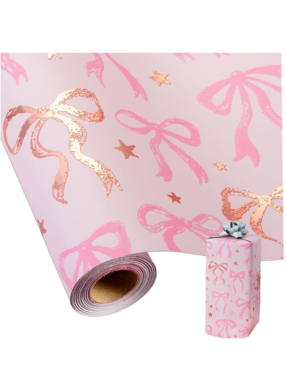 Pink Gift Wrap Paper With a Shiny Silver Ribbon Bow, Cute Bow Gift Wrap, Reversible Plaid Gift Wrapping Paper For Girl Baby Shower, Birthday, Wedding, 50cm x 70cm. 1PC