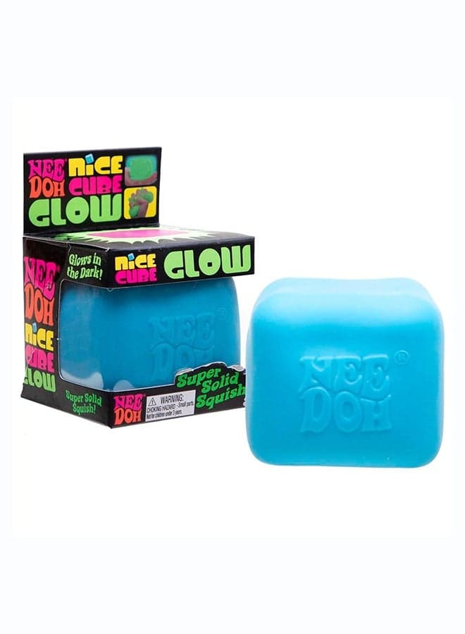 NeeDoh Nice Cube Glow Blue Squishy Sensory Fidget Toy, Glow in The Dark Stress Relief Squeeze Cube, Super Solid Squish Tactile Sensory Toy for Kids and Adults, Anxiety Relief, Ages 3+