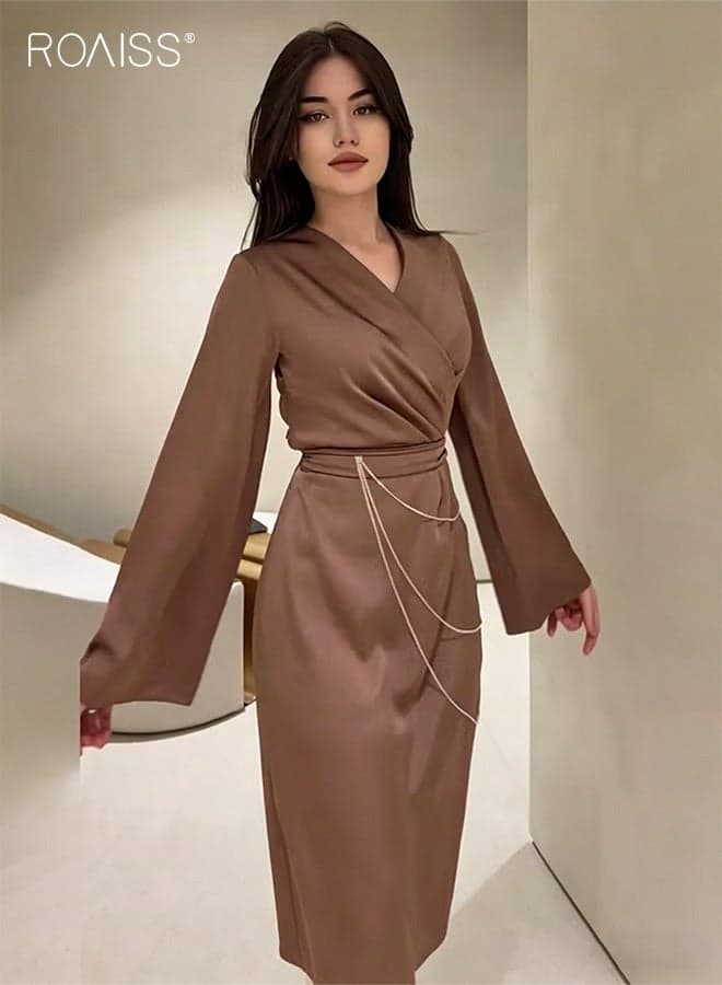 Women Elegant Long Sleeve Satin Dress for Women Advanced Solid Color Waisted Slim Chain Design Ankle-Length Skirt Ladies Temperament Comfortable Skin-Friendly Trumpet Sleeves Banquet Dress Brown