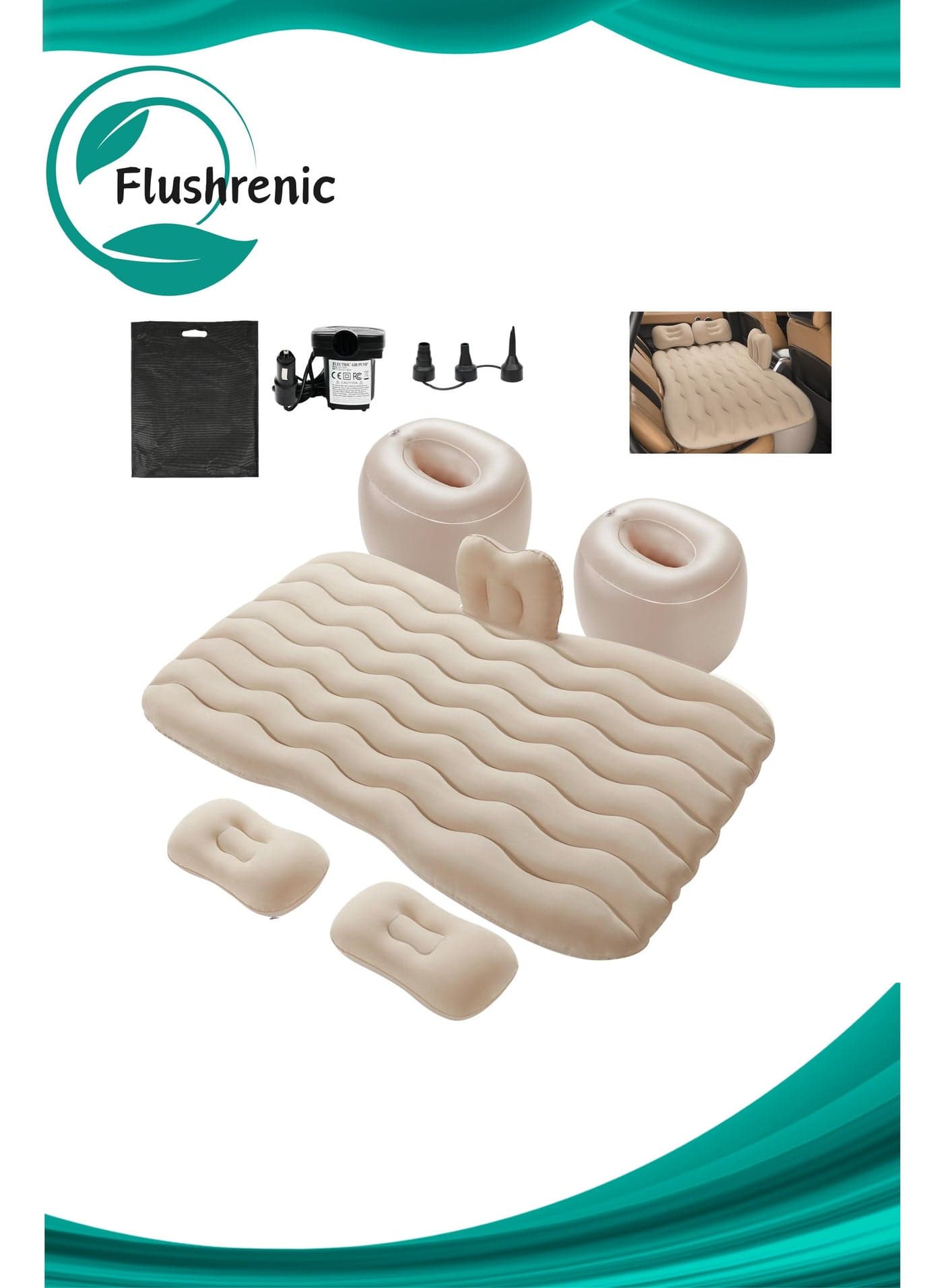 Inflatable Air Mattress Car Bed - PVC Thickened Travel Camping Air Mattress, Suitable for Small Cars, Beige Sleeping Car Mattress - Universal, with Pillow, Bridge, Repair Pad